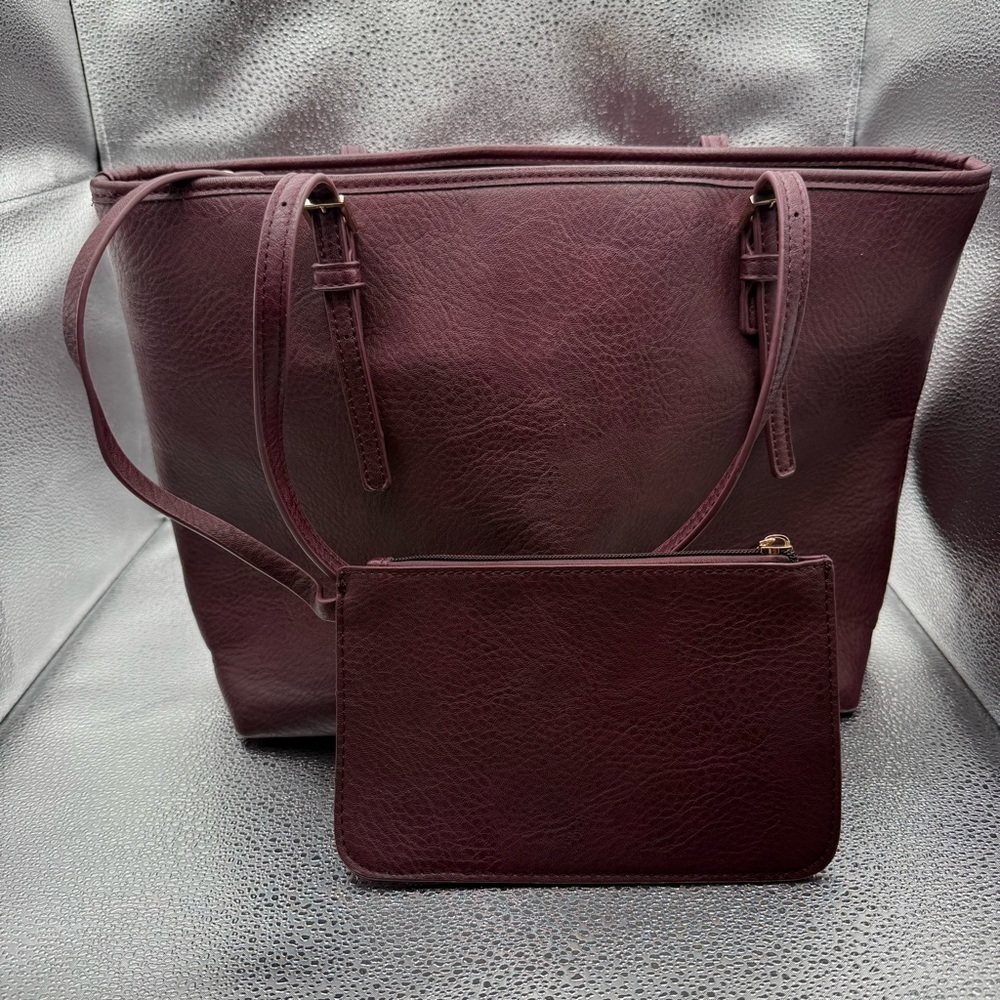 Urban Expressions Work Tote with Wristlet Pebble Vegan Leather Footed Burgundy